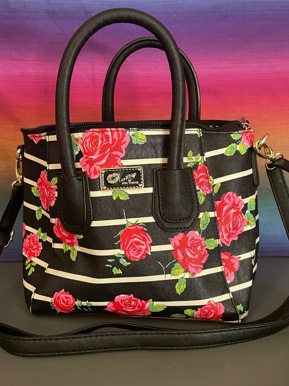 Luv Betsey Betsey Johnson Cabana Stripe Rockin Roses Satchel Crossbody
